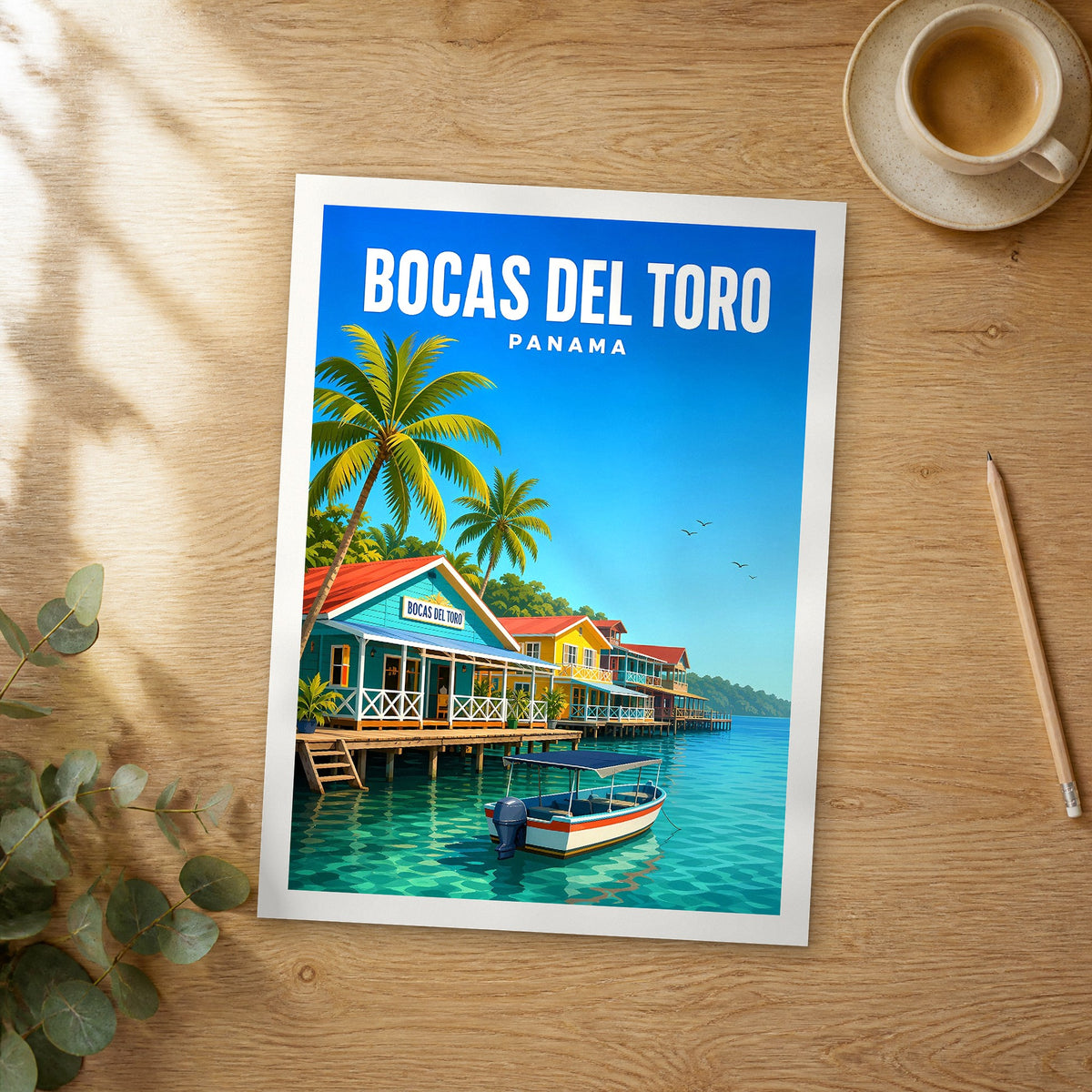 Unframed Bocas del Toro vibrant digital travel poster on a wooden table