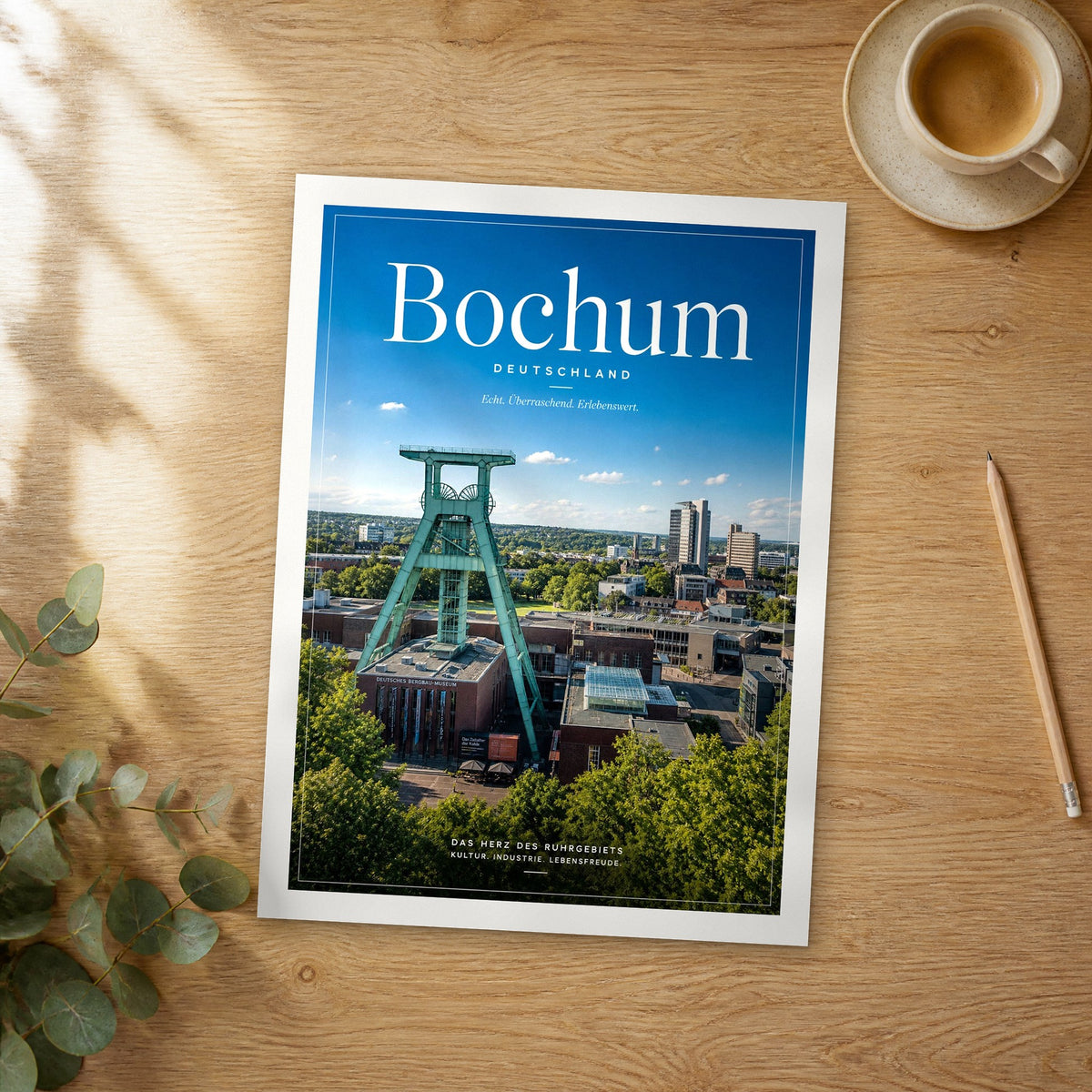 Unframed Bochum editorial travel poster on a wooden table