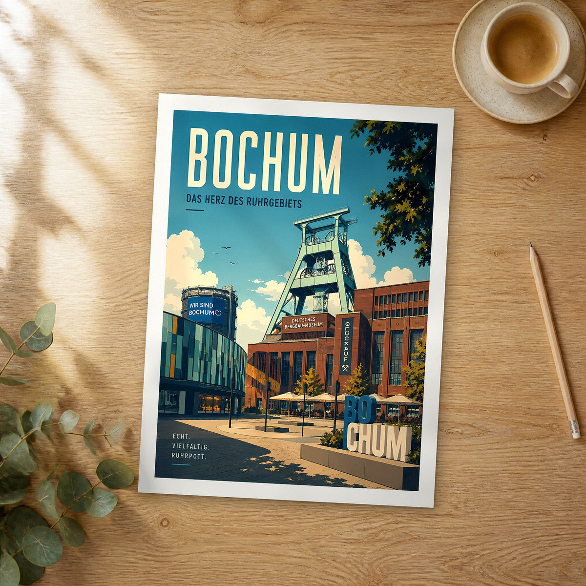 Unframed Bochum retro travel poster on a wooden table
