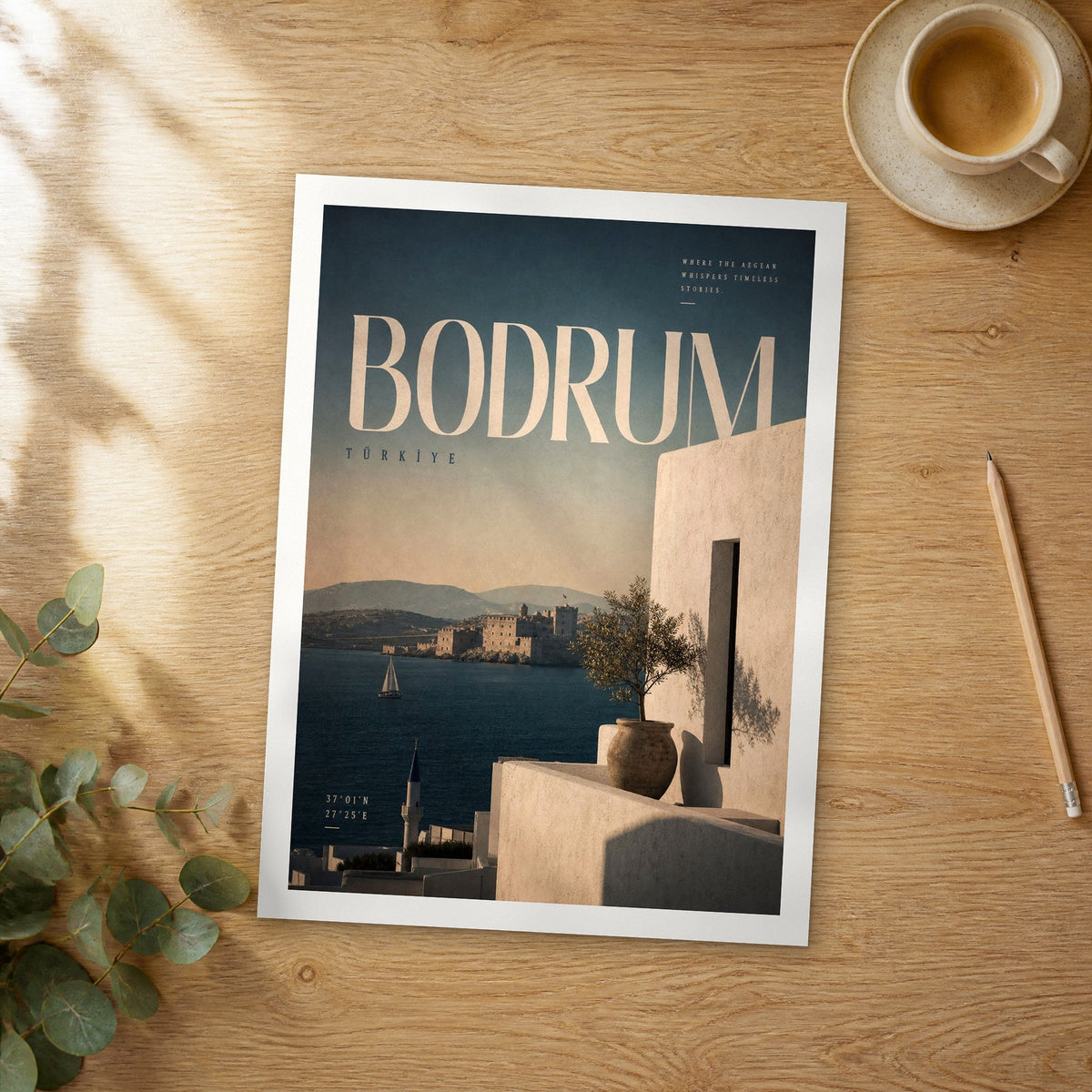 Unframed Bodrum bold typography travel poster on a wooden table