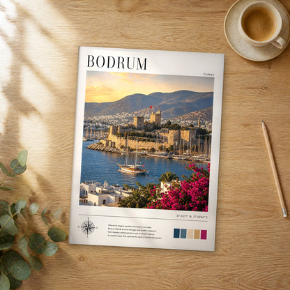Unframed Bodrum modern photography travel poster on a wooden table