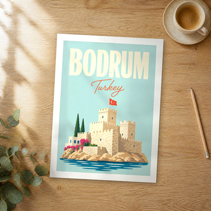Unframed Bodrum pastel pop art travel poster on a wooden table