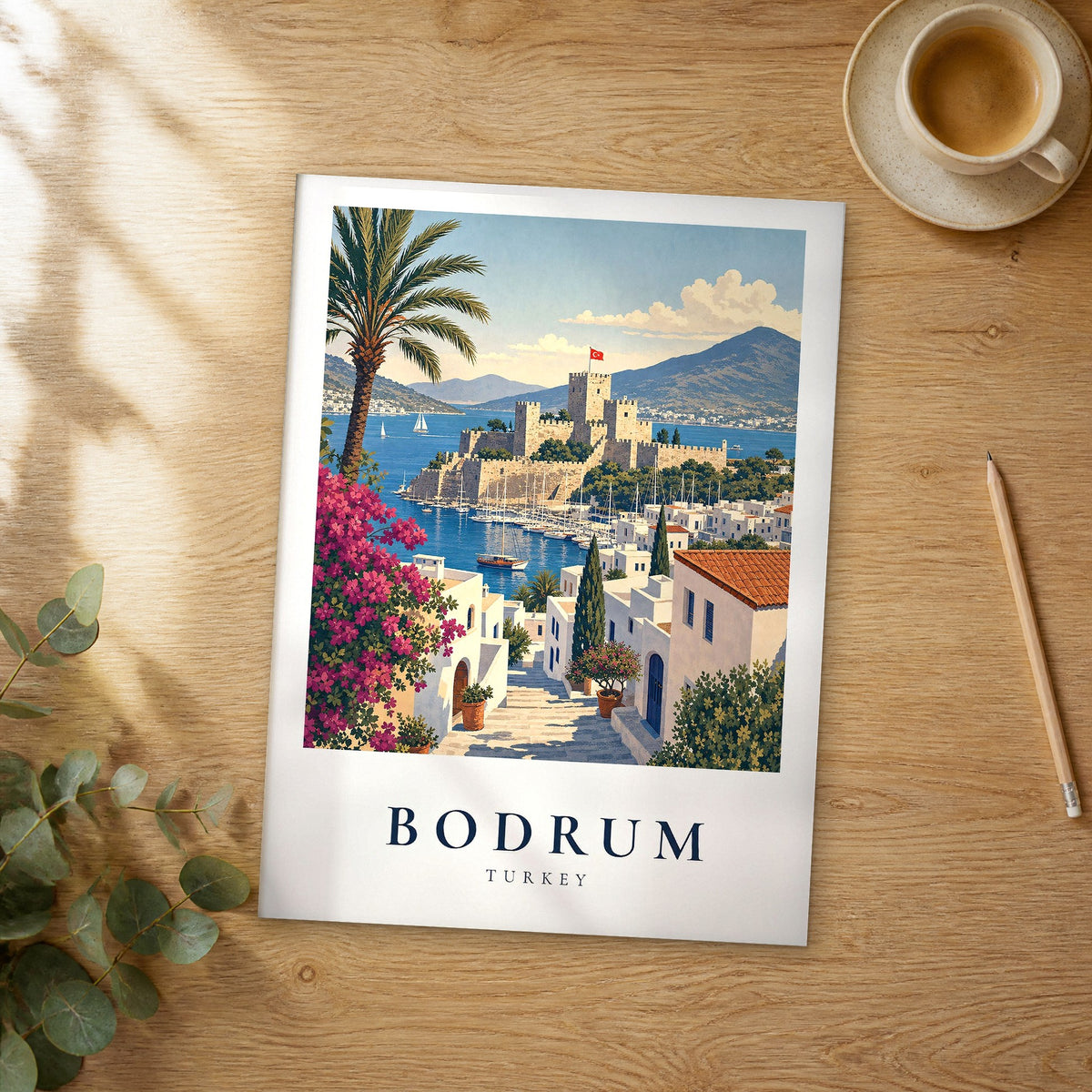 Unframed Bodrum vintage travel poster on a wooden table