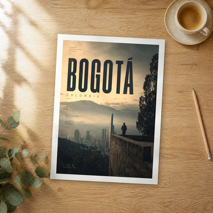 Unframed Bogotá City View from Monserrate bold typography travel poster on a wooden table