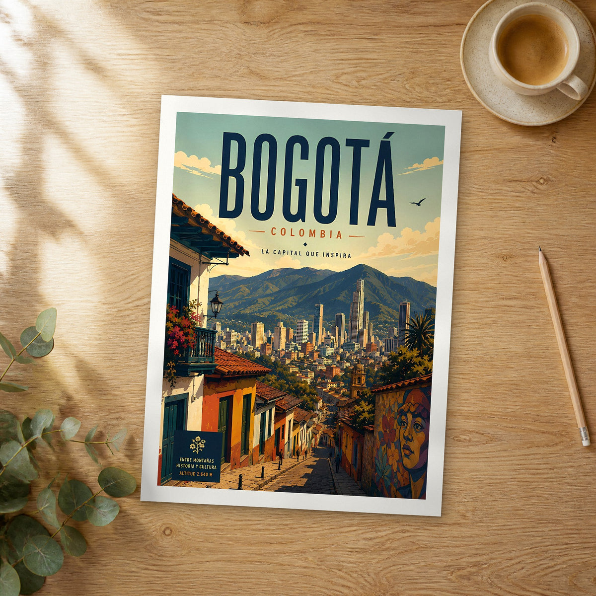 Unframed Bogotá Colonial Street Skyline View retro travel poster on a wooden table