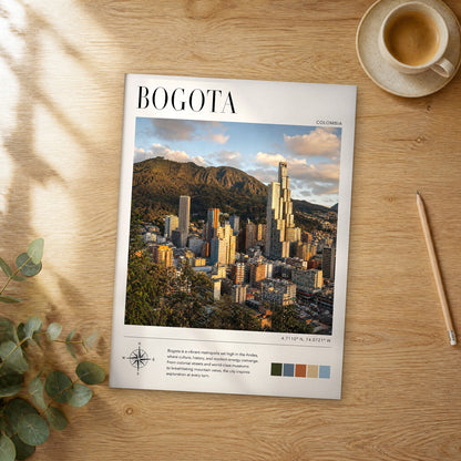 Unframed Bogota modern photography travel poster on a wooden table