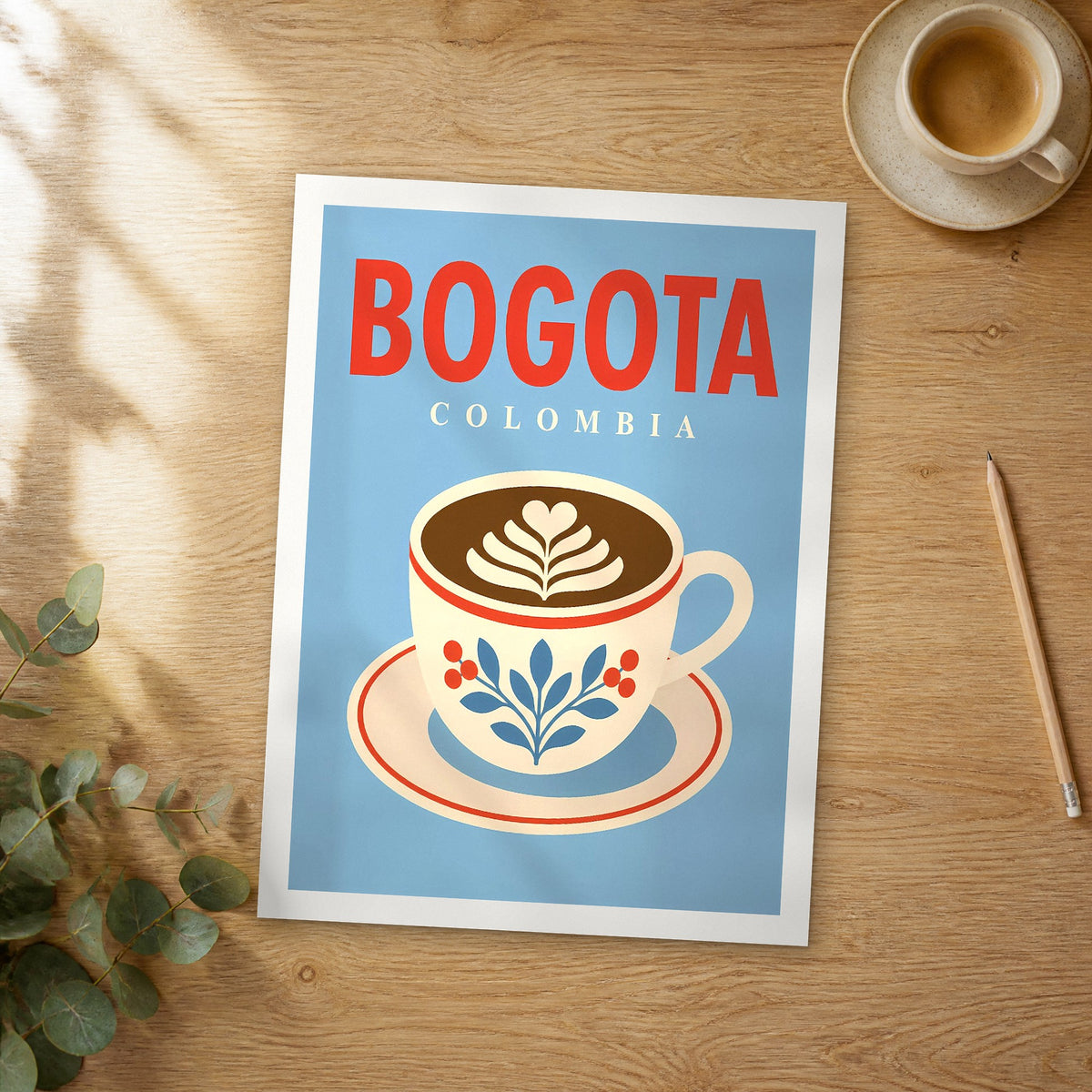 Unframed Bogota pop art travel poster on a wooden table