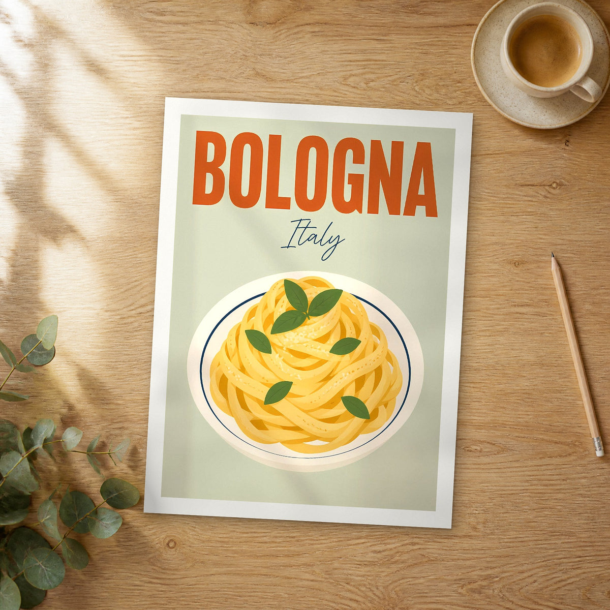 Unframed Bologna pop art travel poster on a wooden table