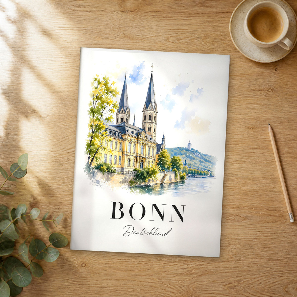 Unframed Bonn watercolor travel poster on a wooden table