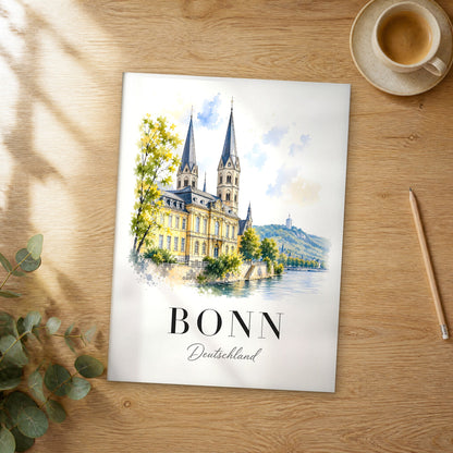 Unframed Bonn watercolor travel poster on a wooden table