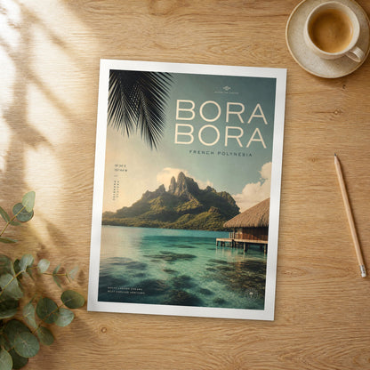 Unframed Bora Bora Coral Lagoon View bold typography travel poster on a wooden table