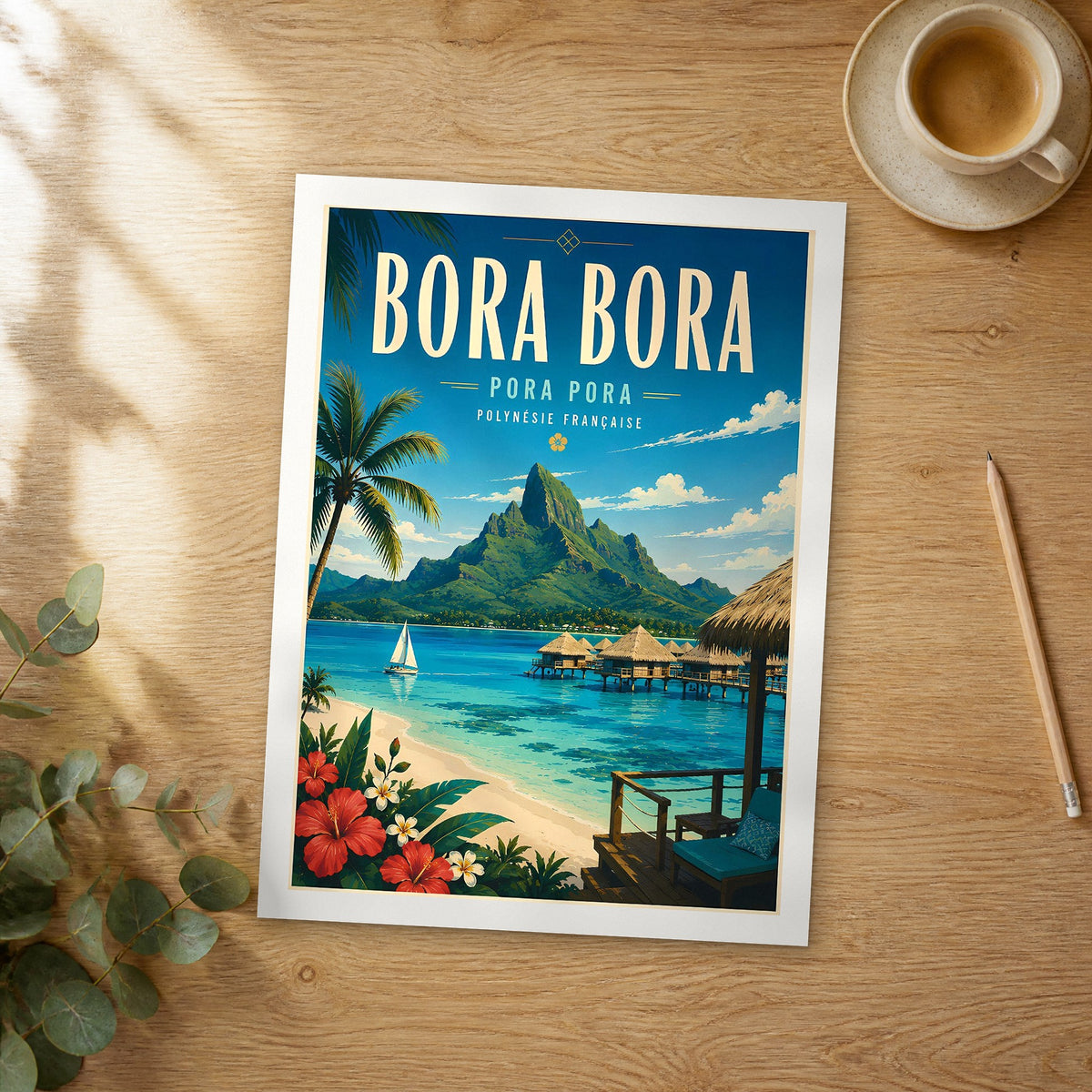 Unframed Bora Bora Mount Otemanu retro travel poster on a wooden table