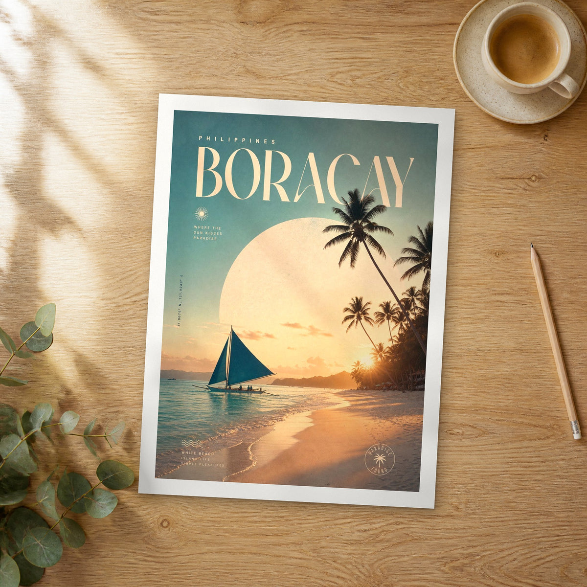 Unframed Boracay bold typography travel poster on a wooden table