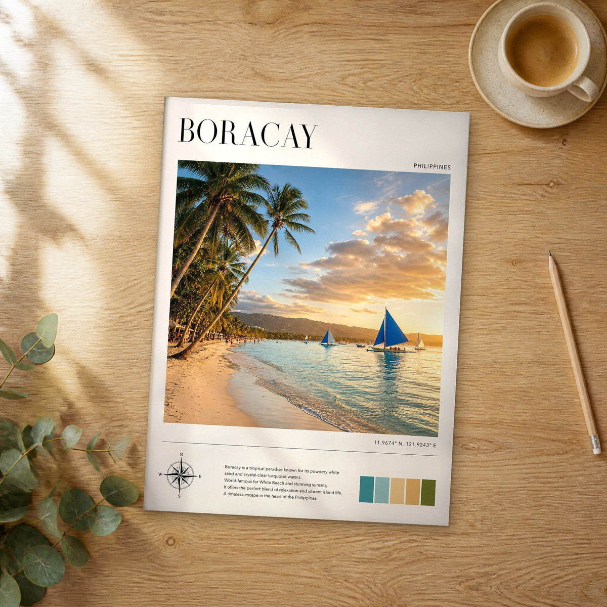 Unframed Boracay modern photography travel poster on a wooden table