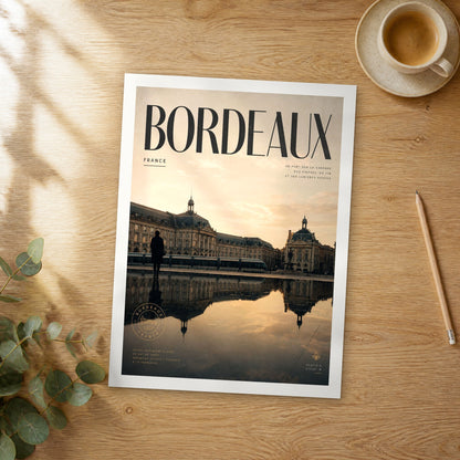 Unframed Bordeaux bold typography travel poster on a wooden table