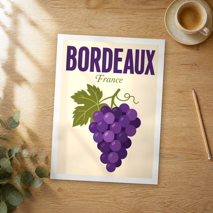 Unframed Bordeaux pop art travel poster on a wooden table