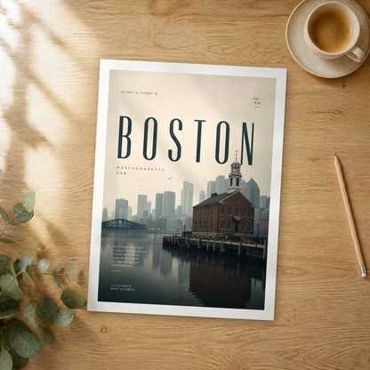 Unframed Boston bold typography travel poster on a wooden table
