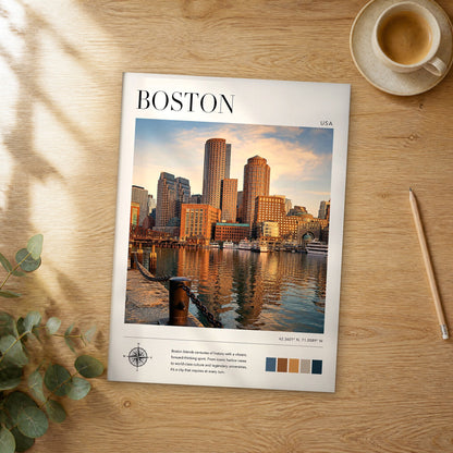 Unframed Boston modern photography travel poster on a wooden table