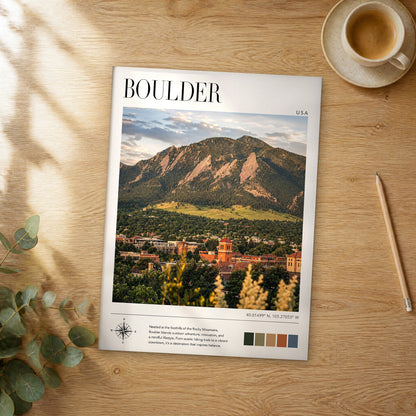 Unframed Boulder modern photography travel poster on a wooden table