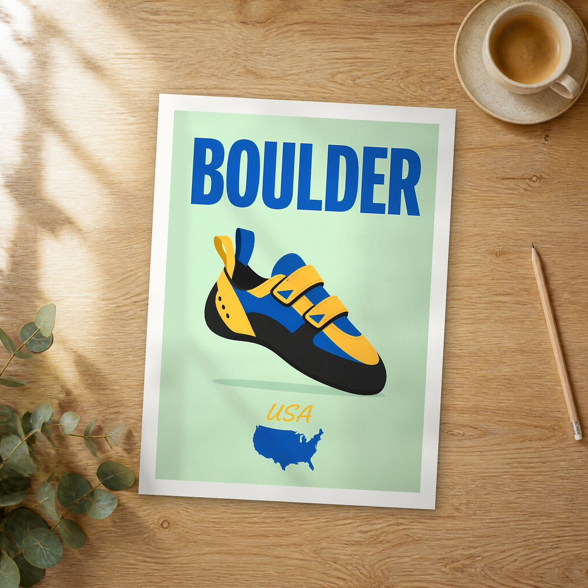 Unframed Boulder pop art travel poster on a wooden table