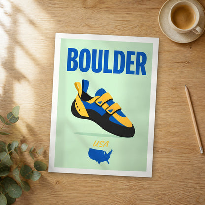 Unframed Boulder pop art travel poster on a wooden table