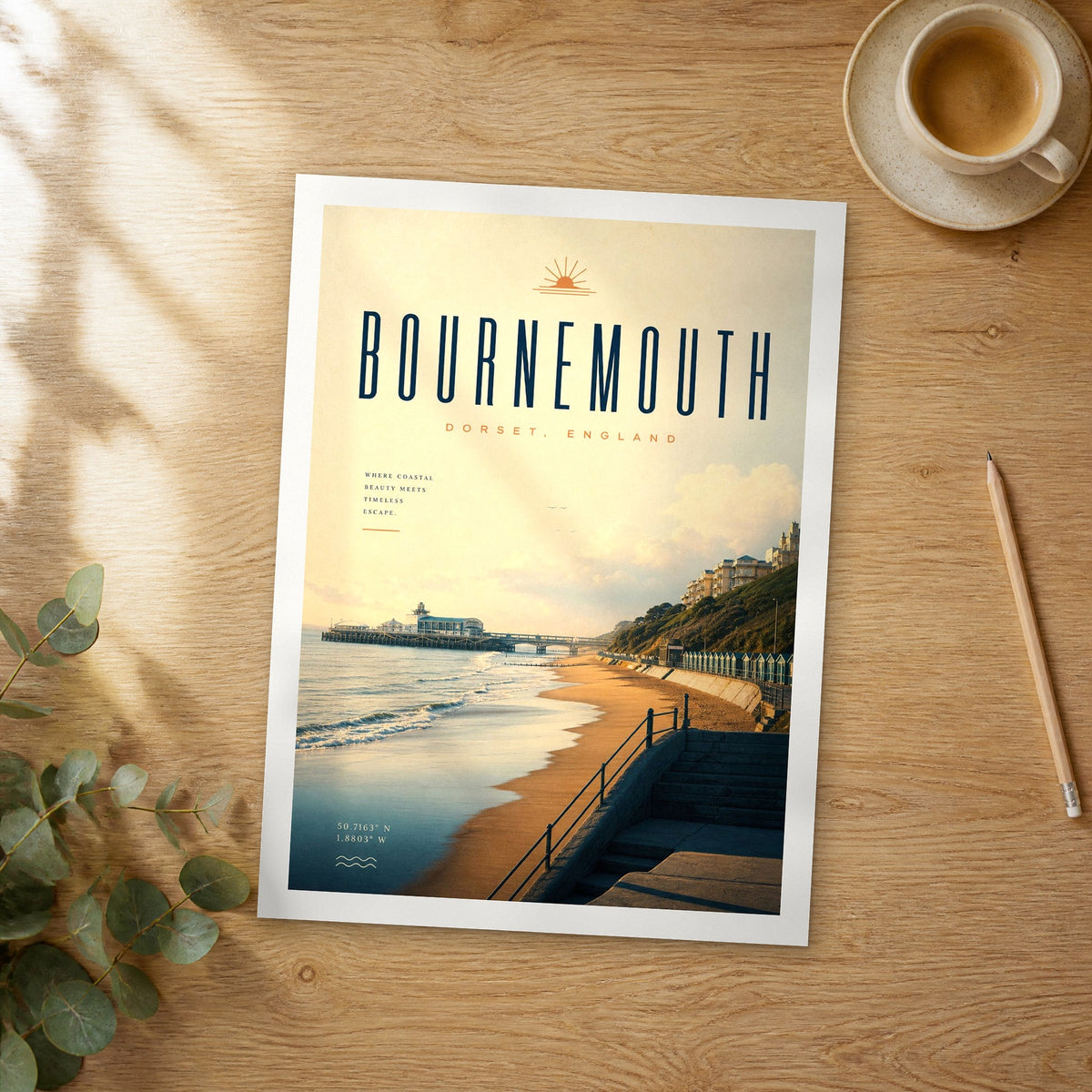 Unframed Bournemouth bold typography travel poster on a wooden table