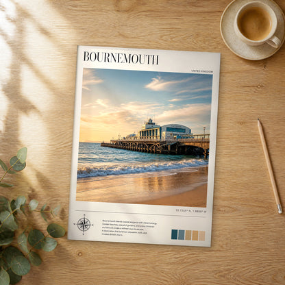 Unframed Bournemouth modern photography travel poster on a wooden table