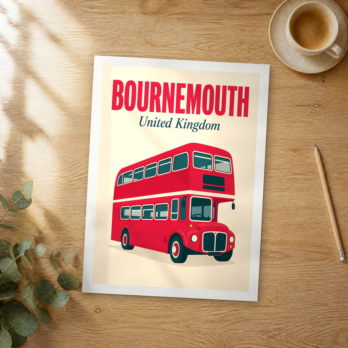 Unframed Bournemouth pop art travel poster on a wooden table
