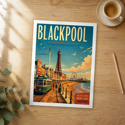 Unframed Bournemouth retro travel poster on a wooden table