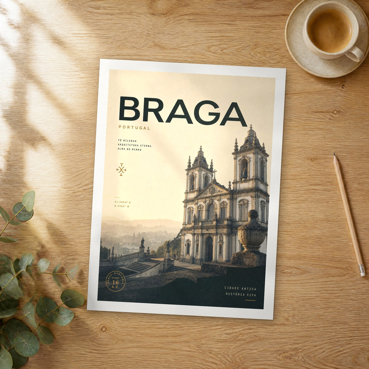 Unframed Braga bold typography travel poster on a wooden table