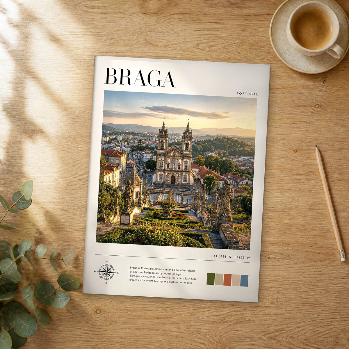 Unframed Braga modern photography travel poster on a wooden table
