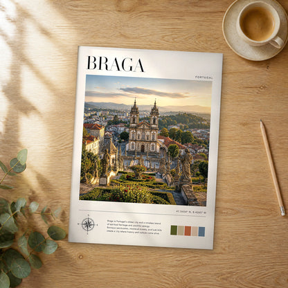 Unframed Braga modern photography travel poster on a wooden table