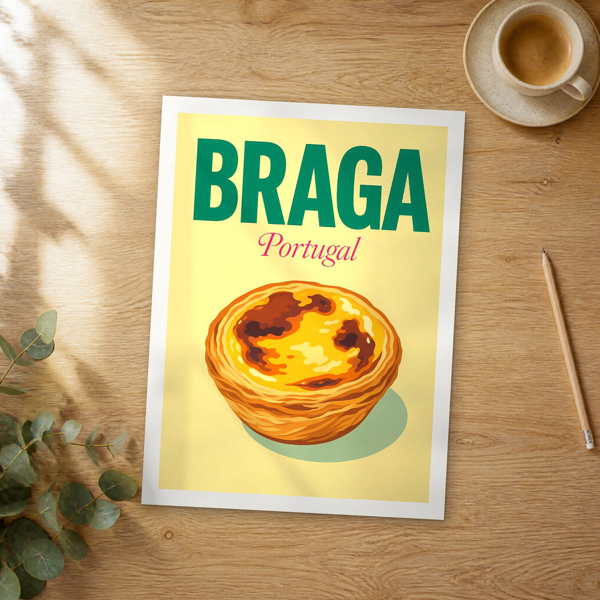 Unframed Braga pop art travel poster on a wooden table