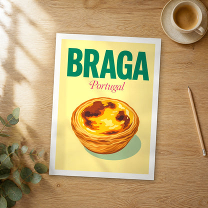Unframed Braga pop art travel poster on a wooden table