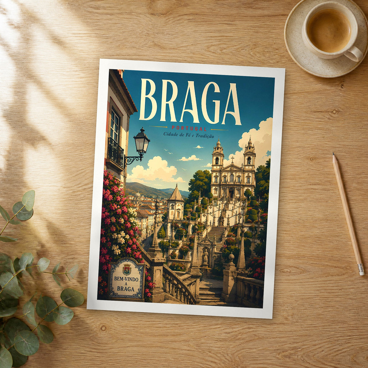 Unframed Braga retro travel poster on a wooden table
