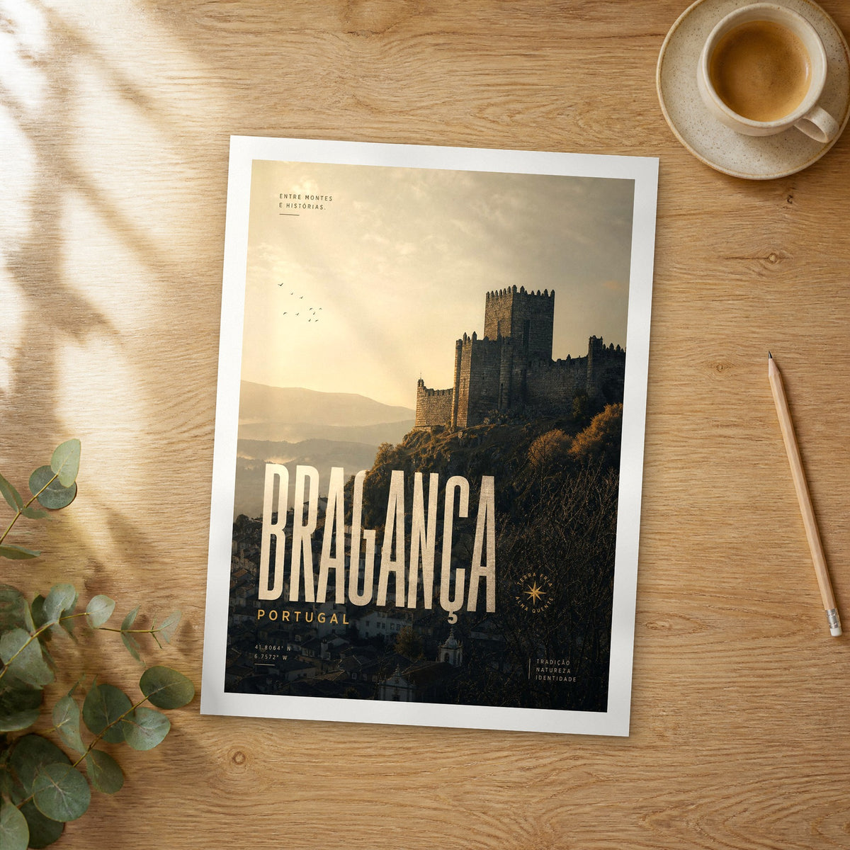 Unframed Bragança bold typography travel poster on a wooden table