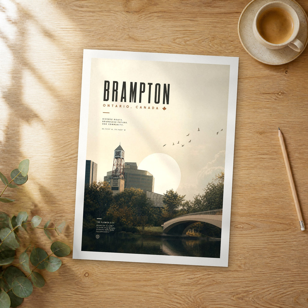 Unframed Brampton bold typography travel poster on a wooden table