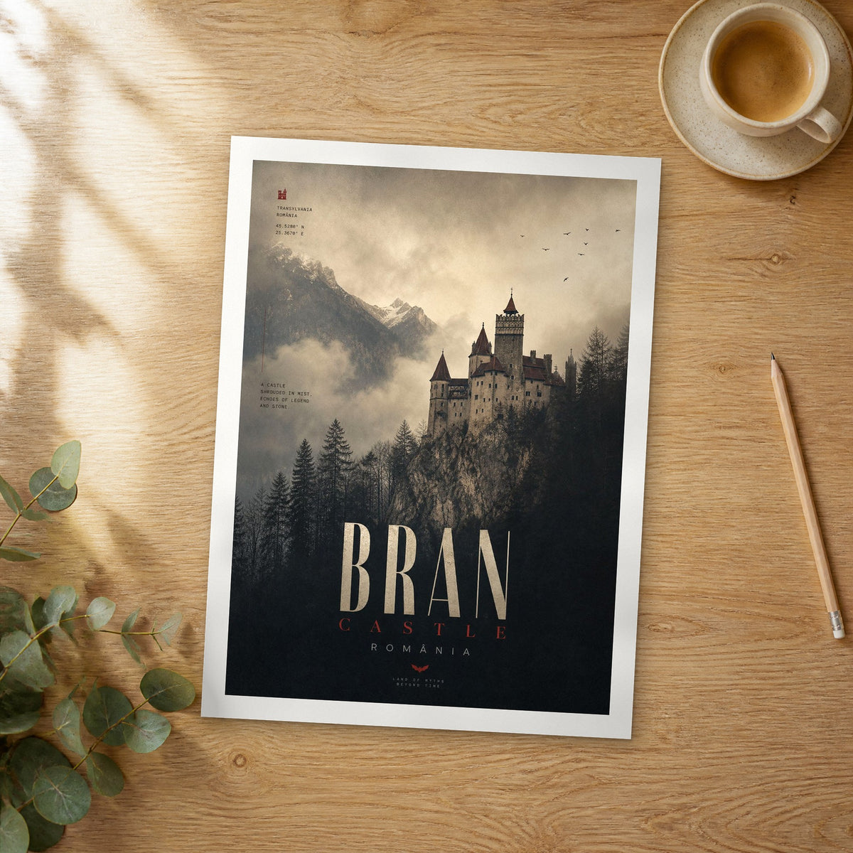 Unframed Bran Castle bold typography travel poster on a wooden table