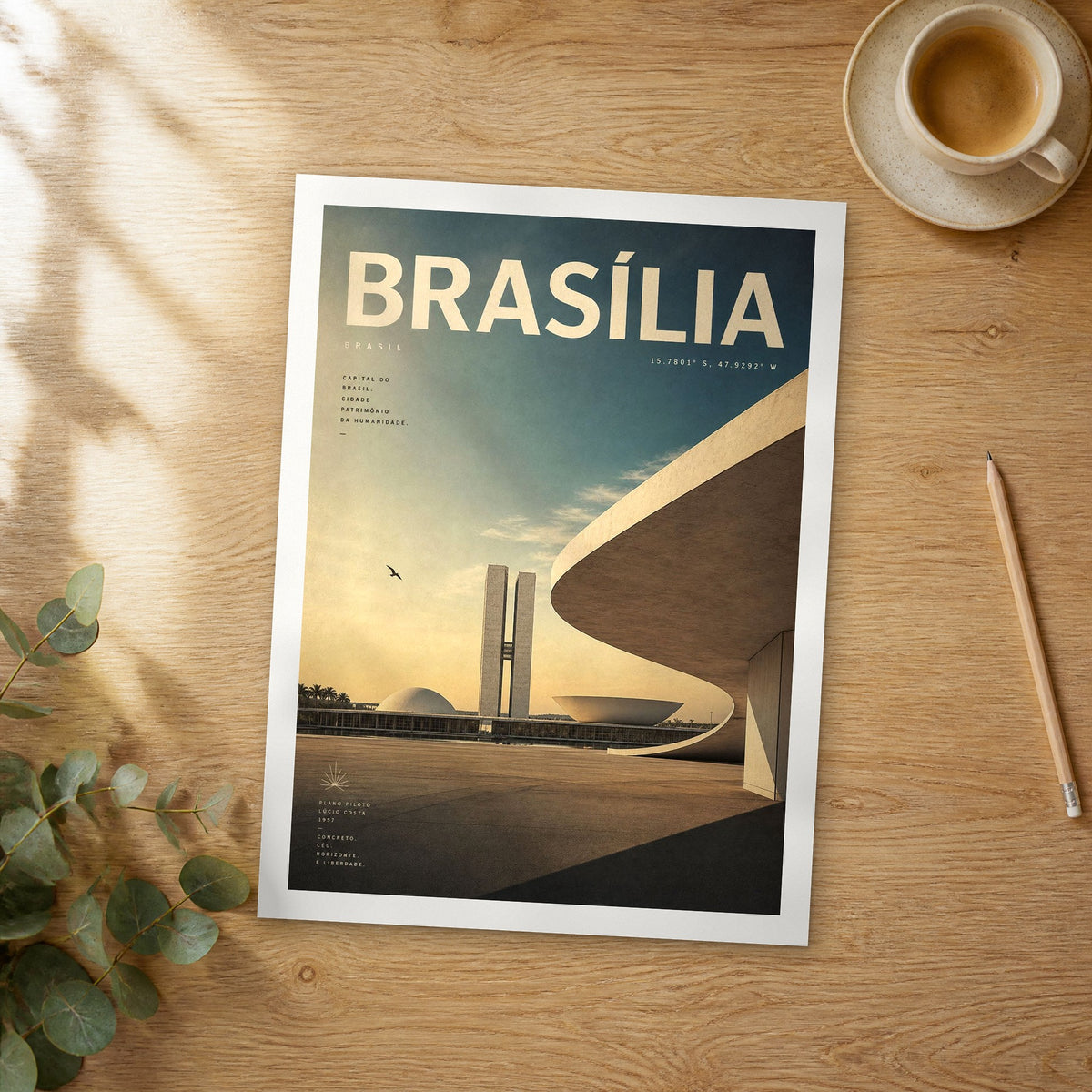 Unframed Brasília bold typography travel poster on a wooden table