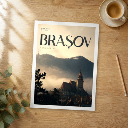 Unframed Brasov bold typography travel poster on a wooden table