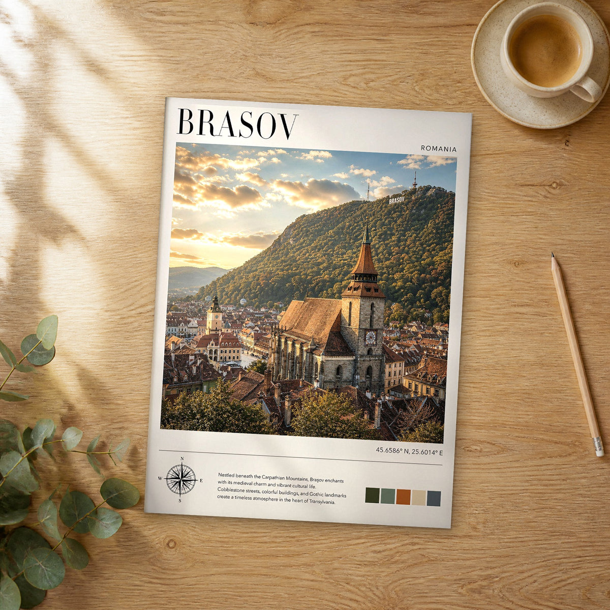 Unframed Brasov modern photography travel poster on a wooden table