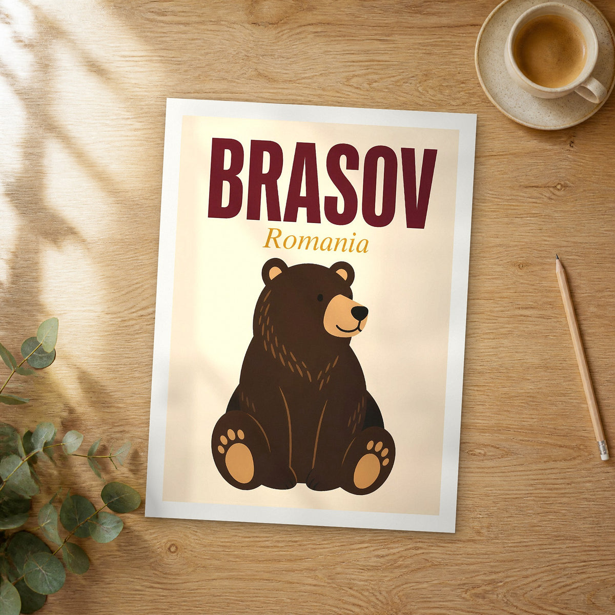 Unframed Brasov pop art travel poster on a wooden table