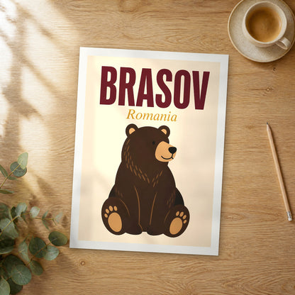 Unframed Brasov pop art travel poster on a wooden table
