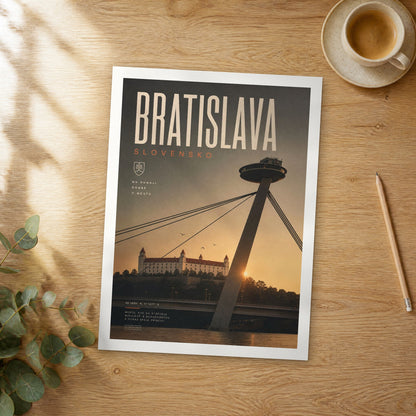 Unframed Bratislava bold typography travel poster on a wooden table