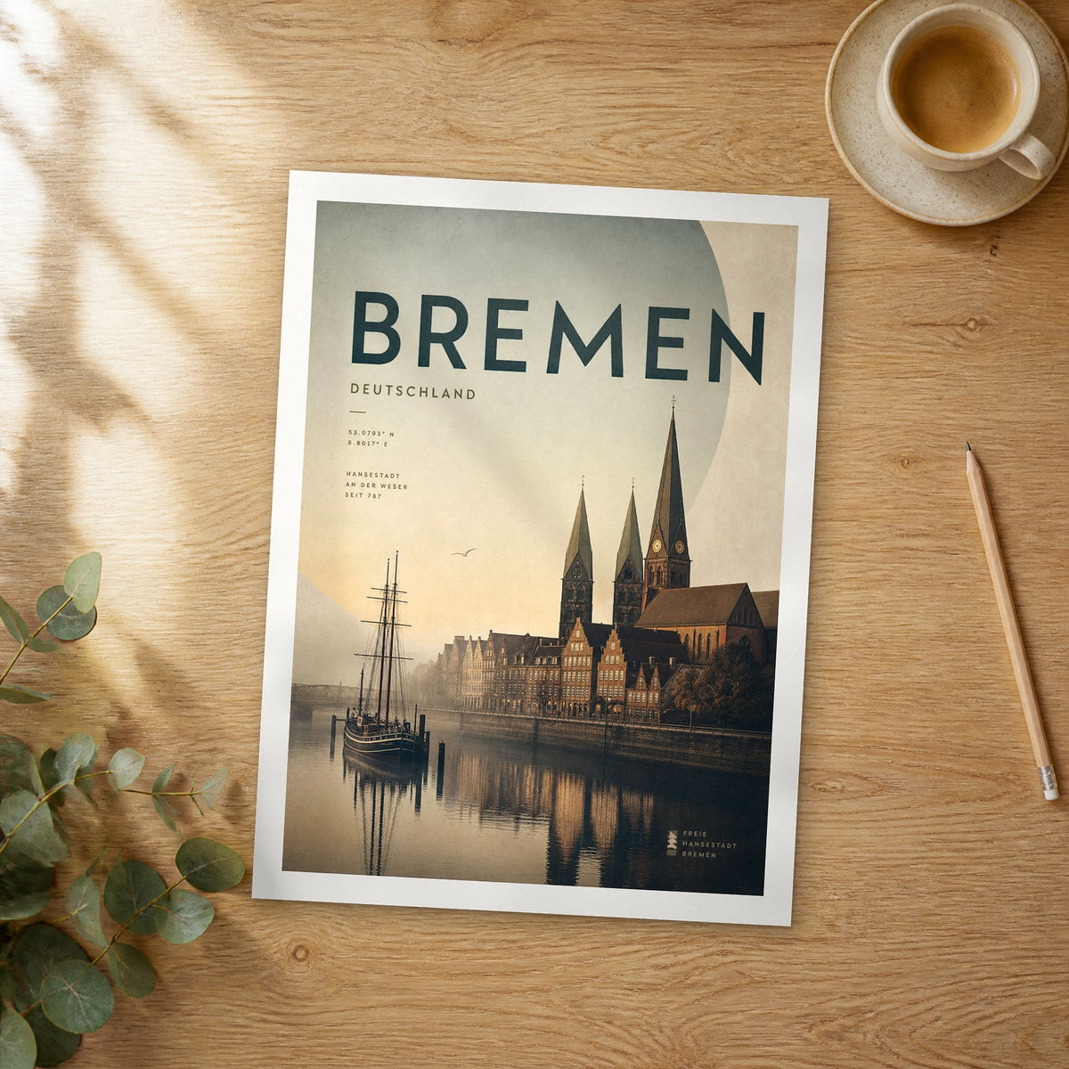 Unframed Bremen bold typography travel poster on a wooden table