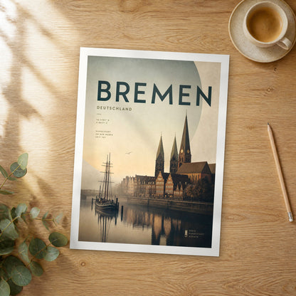 Unframed Bremen bold typography travel poster on a wooden table