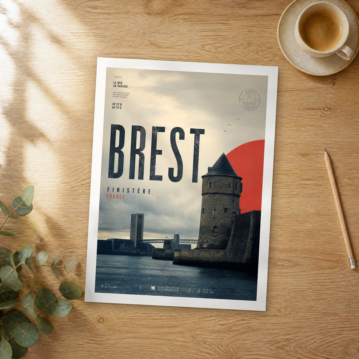 Unframed Brest bold typography travel poster on a wooden table