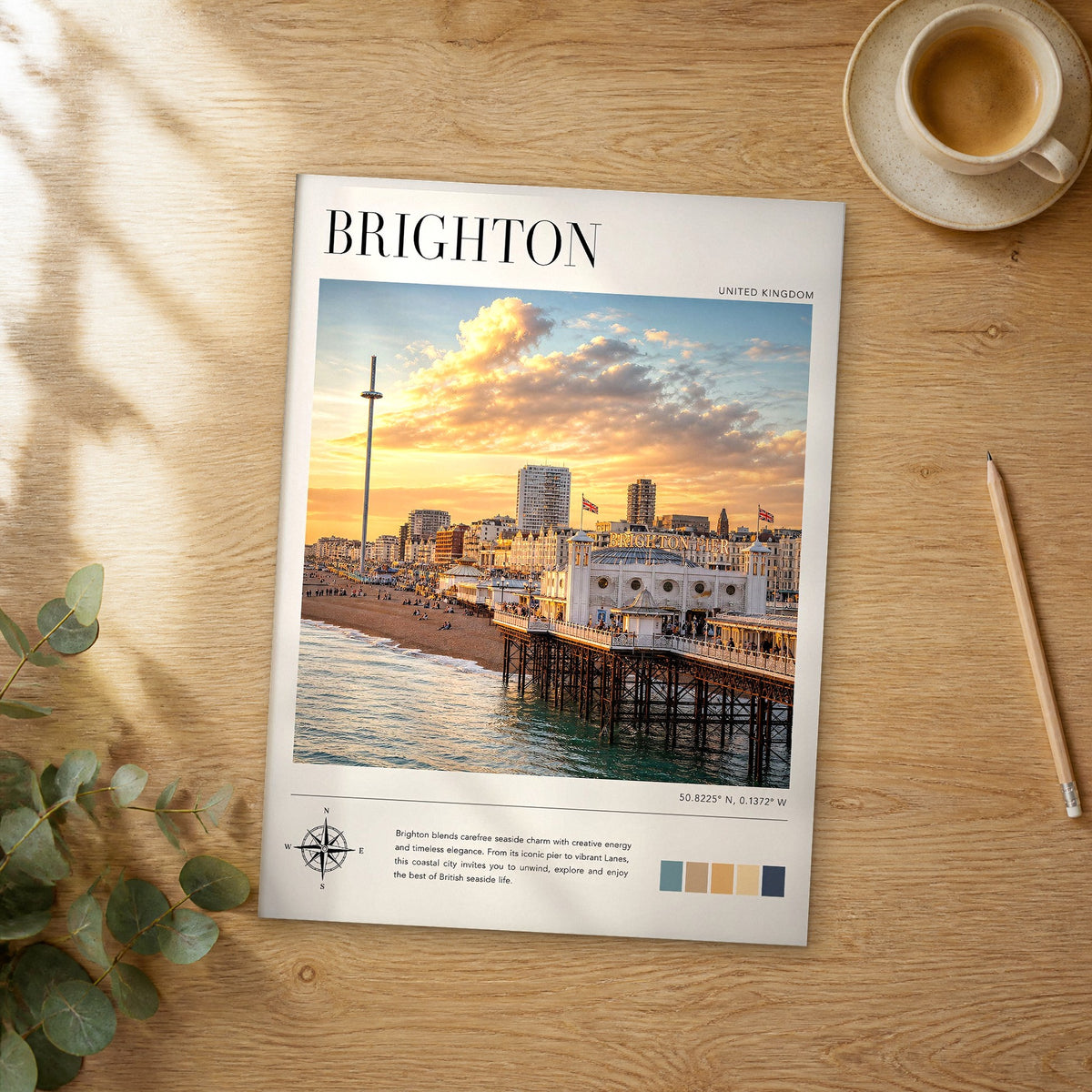 Unframed Brighton modern photography travel poster on a wooden table