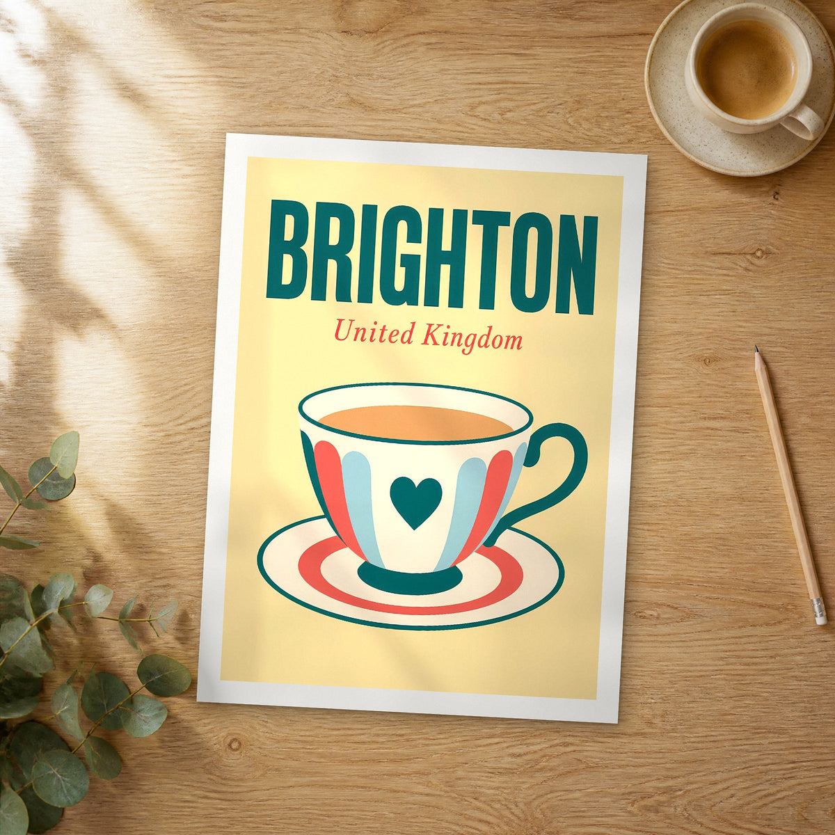 Unframed Brighton pop art travel poster on a wooden table