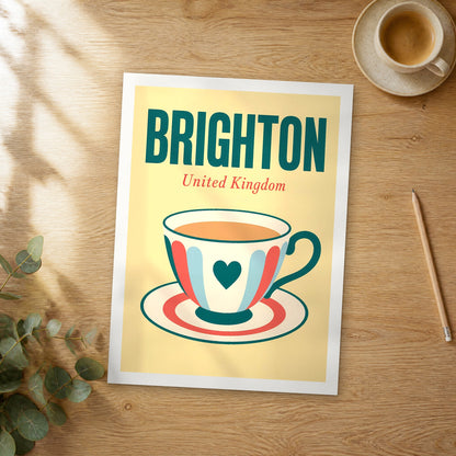 Unframed Brighton pop art travel poster on a wooden table